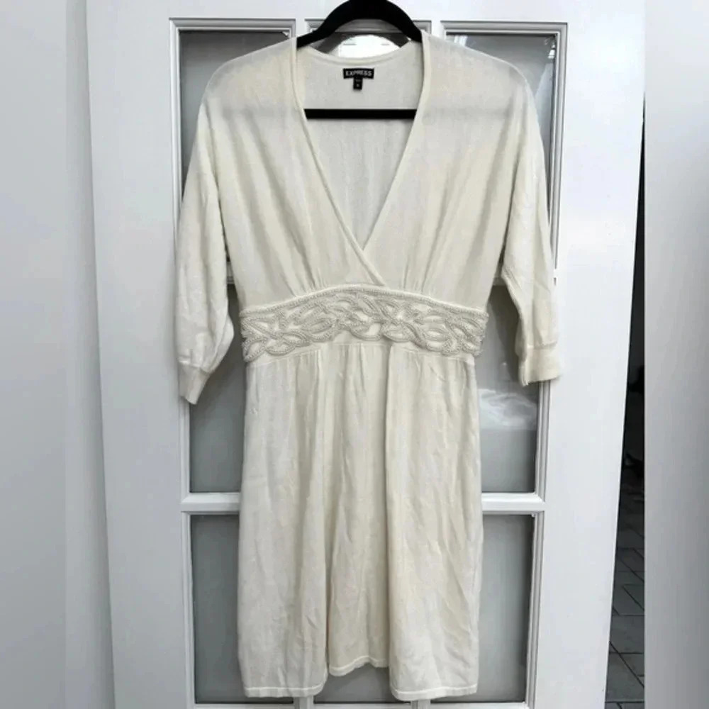 Vintage Express Off White 3/4 Sleeve Beaded Sweater Dress Size S Small Y2K